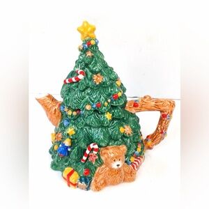 Rare Vintage Ceramic Nikko Bear Christmas Holiday Tree Teapot Small